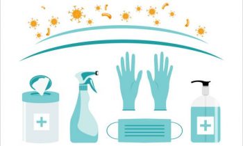 Coronavirus sterilization kit. Medical mask, gloves, antiseptic, wipes, disinfectant spray. Vector illustration